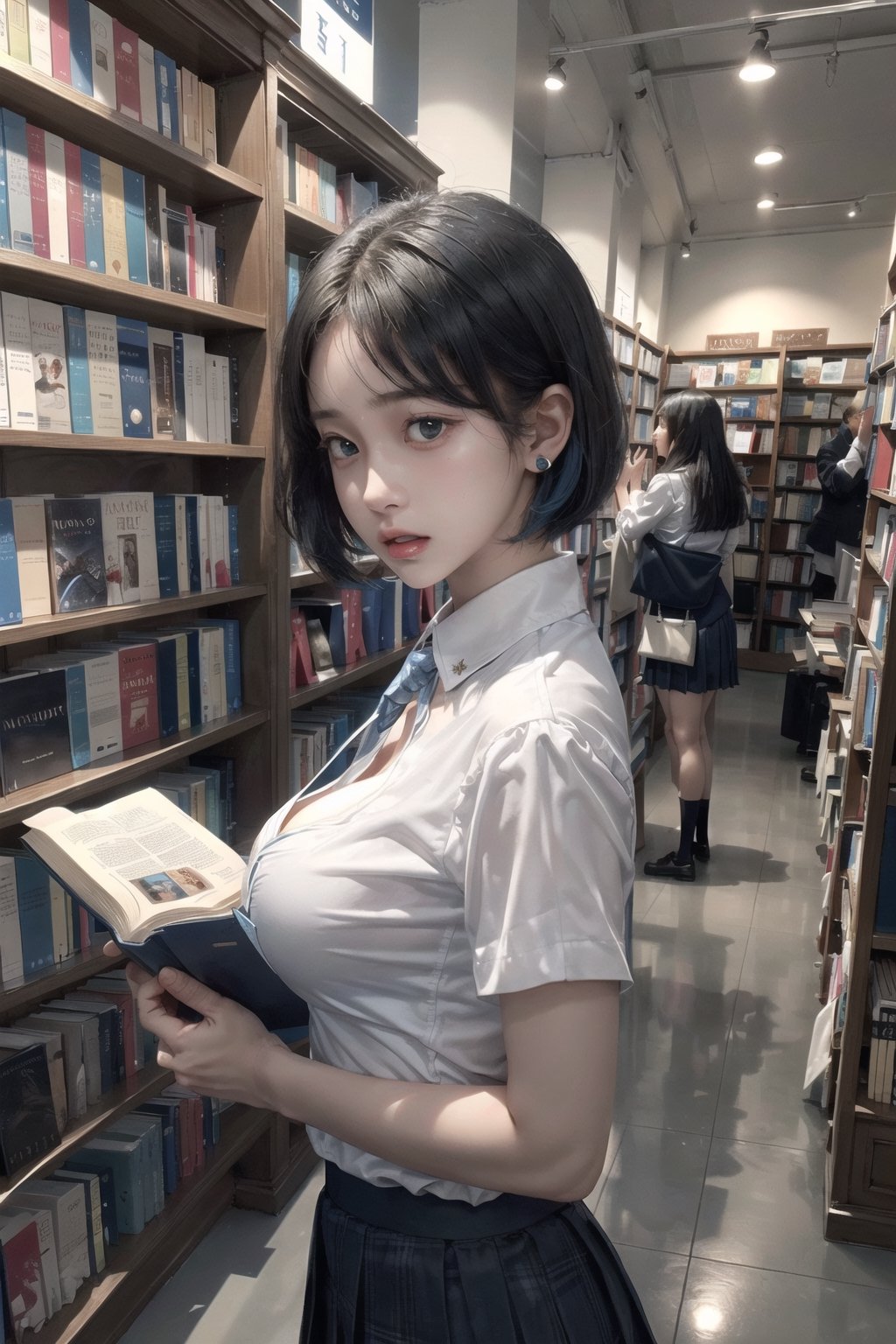 1girl, high school uniform, white blouse, black pleated skirt, short hair, blue hair,((gigant breasts:1.2)),(upper_body),close_up,Ear loop highlights, browsing books in a bookstore. . The bookstore setting is characterized by bookshelves neatly arranged with various titles. (from view:1.5),
(Bangs), (Look up and look ahead),Holding a book with hands raised, (surprised face:1.5),looking_at_viewer,
Holding a romance novel in hand,
(open mouth),(sad:1.5)