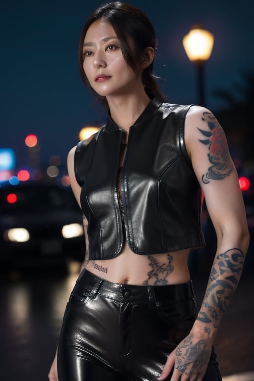 Finest, masterpiece, 8K, beauty, Japanese woman, angry,((tattoo)), black leather pants, black leather vest, female mafia, cyberpunk city, night,ninja_suit