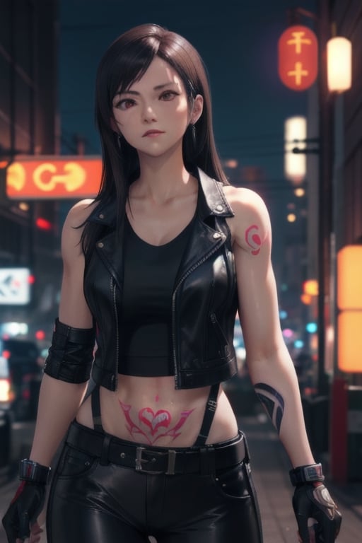 Finest, masterpiece, 8K, beauty, Japanese woman, angry,((tattoo)), black leather pants, black leather vest, female mafia, cyberpunk city, night,ftifa, ,TifaFF7,