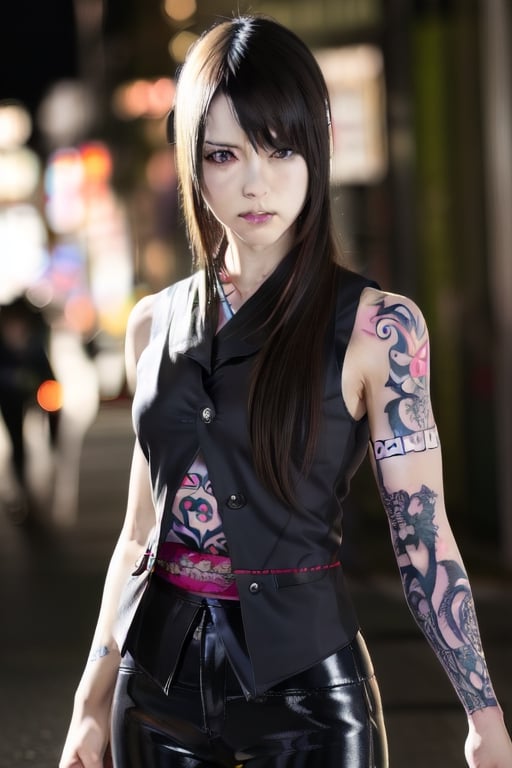 Finest, masterpiece, 8K, beauty, Japanese woman, angry,((tattoo)), black leather pants, black leather vest, female mafia, cyberpunk city, night,ftifa, ,TifaFF7,a photo of a japanese woman named hatano,1girl,yuna \(ff10\),hair ornament,grey_kimono,tifa lockhart