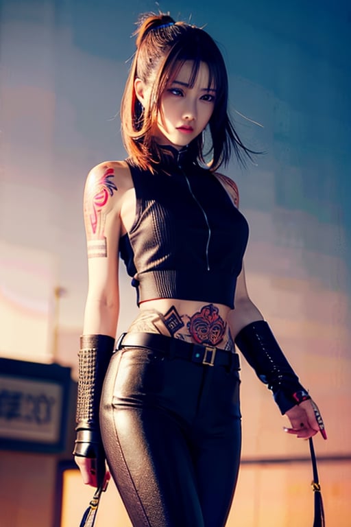 Top quality, masterpiece, 8K, beautiful woman, Chinese woman, expressionless, whole body, ((tattoo)), black leather pants, white tank top, female mafia, gangster, cyberpunk city, night,SYWZwangyuanyuan,yuna \(ff10\),heterochromia,green eyes