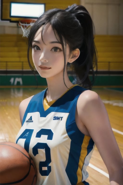 best quality, high quality, ultra quality, 8k, masterpiece, detailed, extremely detailed, insanely detailed, ultra detailed, ultra highres ,exquisite, lifelike Images,cinematic experience,UHD picture,Realistic,photorealistic,hyperrealistic,vivid,RAW photo,shot by DSLR, 
one girl, upper body,half smile, seductive, basketball uniform, yellow shirt, indoor basketball court, Ponytail Hair