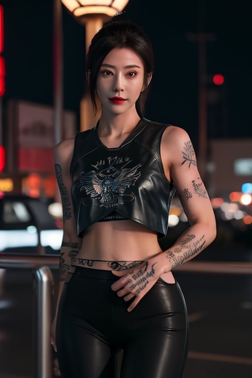 Finest, masterpiece, 8K, beauty, Japanese woman, angry,((tattoo)), black leather pants, black leather vest, female mafia, cyberpunk city, night,ninja_suit,charlottems