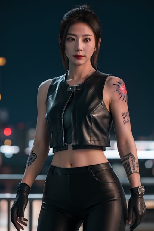 Finest, masterpiece, 8K, beauty, Japanese woman, angry,((tattoo)), black leather pants, black leather vest, female mafia, cyberpunk city, night,ninja_suit,charlottems, gloves,  armor,  shoulder a