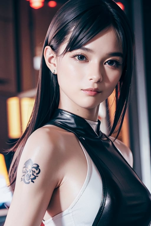 Top quality, masterpiece, 8K, beautiful woman, Chinese woman, expressionless, whole body, (tattoo), black leather pants, white tank top, female mafia, cyberpunk city, night,