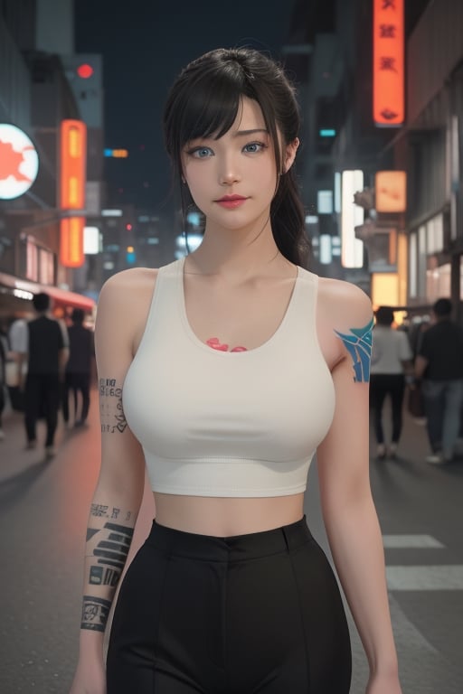 Top quality, masterpiece, 8K, beautiful woman, Japanese woman, expressionless, whole body, ((tattoo)), black slacks, white tank top, female mafia, cyberpunk city, night,ellafreya,Mitan,yuna \(ff10\),heterochromia,green eyes,blue eyes,kabashimahikari