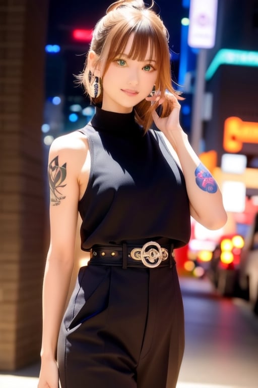 Top quality, masterpiece, 8K, beautiful woman, Japanese woman, expressionless, whole body, ((tattoo)), black slacks, white tank top, female mafia, cyberpunk city, night,ellafreya,Mitan,yuna \(ff10\),heterochromia,green eyes,blue eyes,kabashimahikari,airi_kijima