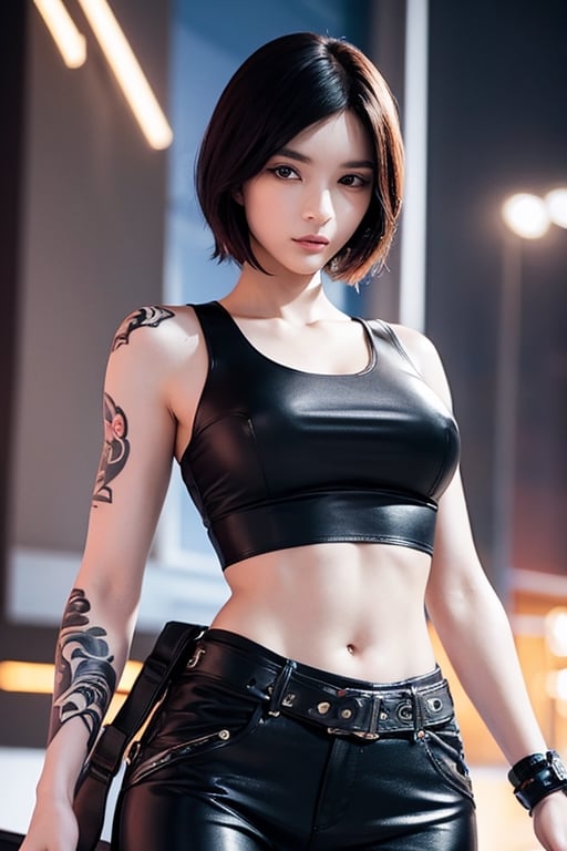 Top quality, masterpiece, 8K, beautiful woman, Chinese woman, expressionless, whole body, ((tattoo)), black leather pants, white tank top, female mafia, gangster, cyberpunk city, night,SYWZwangyuanyuan