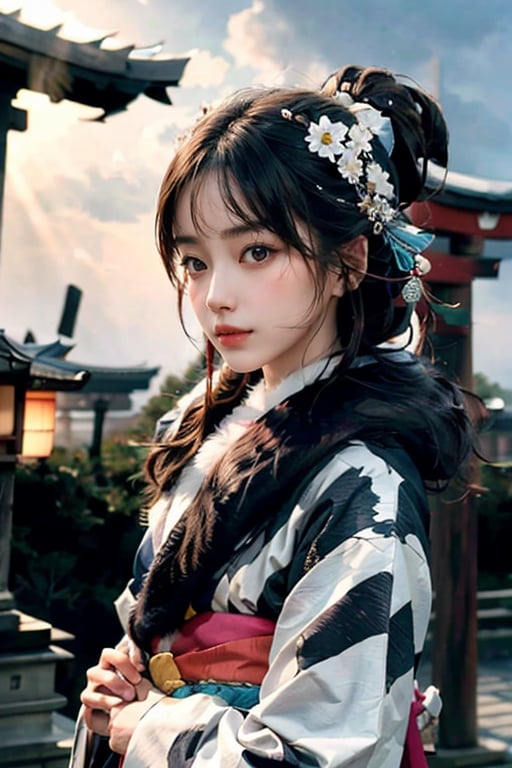 Masterpiece, highest resolution, high resolution, 4k, detailed skin, beautiful Japanese woman, wearing a Japanese kimono, kimono with fur, Bust shot,looking at the sky, rising sunrise, shrine, torii, kadomatsu