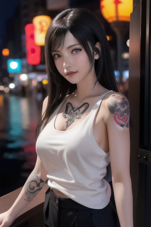 Top quality, masterpiece, 8K, beautiful woman, Japanese woman, expressionless, whole body, ((tattoo)), black slacks, white tank top, female mafia, cyberpunk city, night,Mitan, heterochromia,TifaFF7, ,TIFA,1girl,xxmixgirl