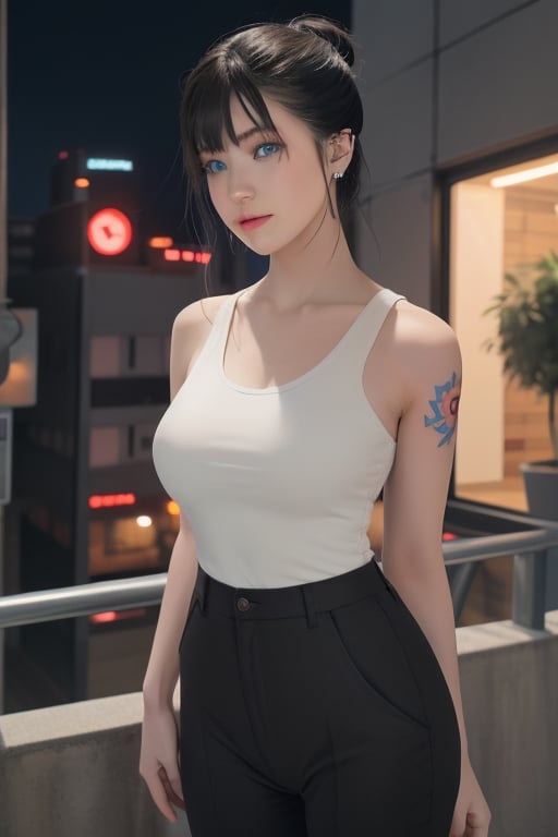 Top quality, masterpiece, 8K, beautiful woman, Japanese woman, expressionless, whole body, ((tattoo)), black slacks, white tank top, female mafia, cyberpunk city, night,ellafreya,Mitan,yuna \(ff10\),heterochromia,green eyes,blue eyes,kabashimahikari