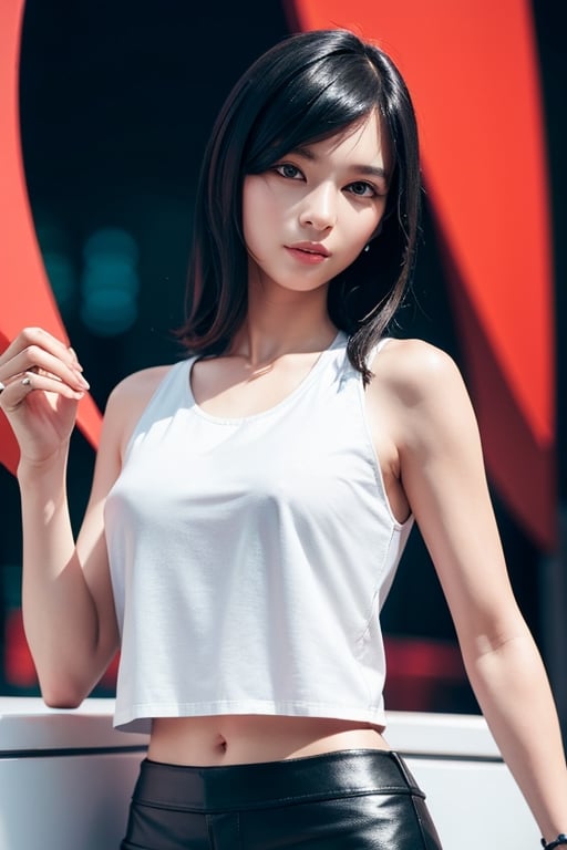 Top quality, masterpiece, 8K, beautiful woman, Chinese woman, expressionless, whole body, (tattoo), black leather pants, white tank top, female mafia, cyberpunk city, night,