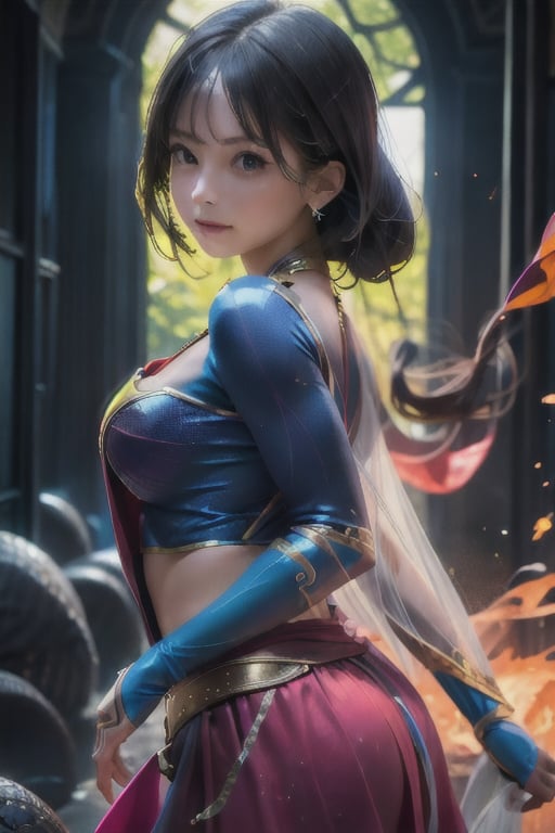 best quality, high quality, ultra quality, 8k, masterpiece, detailed, extremely detailed, insanely detailed, ultra detailed, ultra highres ,exquisite, lifelike Images,cinematic experience,UHD picture,Realistic,photorealistic,hyperrealistic,vivid,RAW photo,shot by DSLR, 
one girl, upper body,half smile, seductive, Heroine, battle costume, fighting pose, powerful like a scene from a movie,(Supergirl Costume),viking,Strong Backlit Particles,female warrior,FFIXBG,Saree