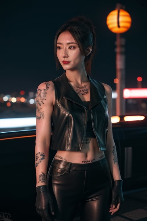 Finest, masterpiece, 8K, beauty, Japanese woman, angry,((tattoo)), black leather pants, black leather vest, female mafia, cyberpunk city, night,ninja_suit,charlottems, gloves,  armor,  shoulder a