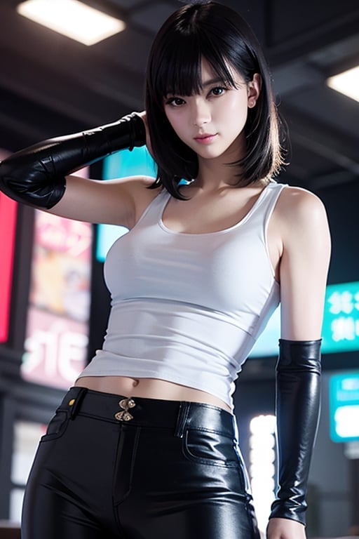 Top quality, masterpiece, 8K, beautiful woman, Chinese woman, expressionless, whole body, (tattoo), black leather pants, white tank top, female mafia, cyberpunk city, night,