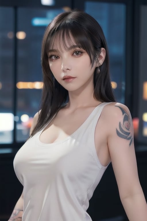 Top quality, masterpiece, 8K, beautiful woman, Japanese woman, expressionless, whole body, ((tattoo)), black slacks, white tank top, female mafia, cyberpunk city, night,Mitan, heterochromia,TifaFF7, ,TIFA,1girl,xxmixgirl,ftifa