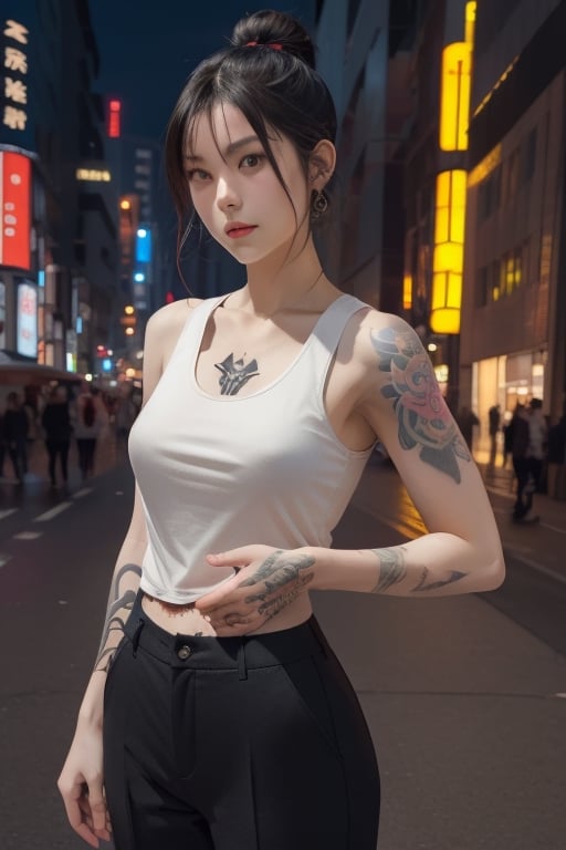 Top quality, masterpiece, 8K, beautiful woman, Japanese woman, expressionless, whole body, ((tattoo)), black slacks, white tank top, female mafia, cyberpunk city, night,ellafreya,Mitan