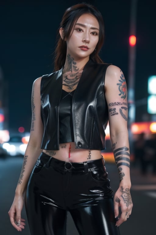 Finest, masterpiece, 8K, beauty, Japanese woman, angry,((tattoo)), black leather pants, black leather vest, female mafia, cyberpunk city, night,ninja_suit