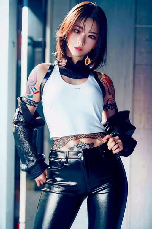 Top quality, masterpiece, 8K, beautiful woman, Chinese woman, expressionless, whole body, ((tattoo)), black leather pants, white tank top, female mafia, gangster, cyberpunk city, night,SYWZwangyuanyuan,yuna \(ff10\),heterochromia,green eyes