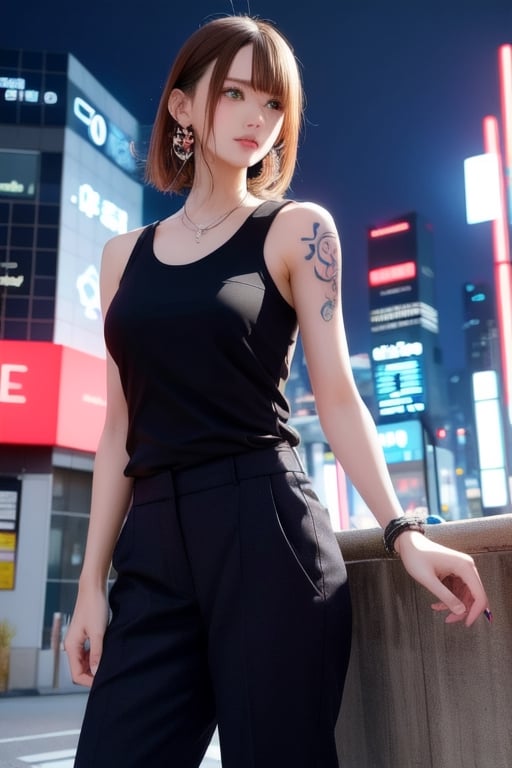 Top quality, masterpiece, 8K, beautiful woman, Japanese woman, expressionless, whole body, ((tattoo)), black slacks, white tank top, female mafia, cyberpunk city, night,ellafreya,Mitan,yuna \(ff10\),heterochromia,green eyes,blue eyes,kabashimahikari,airi_kijima