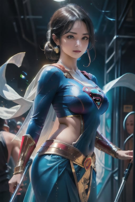 best quality, high quality, ultra quality, 8k, masterpiece, detailed, extremely detailed, insanely detailed, ultra detailed, ultra highres ,exquisite, lifelike Images,cinematic experience,UHD picture,Realistic,photorealistic,hyperrealistic,vivid,RAW photo,shot by DSLR, 
one girl, upper body,half smile, seductive, Heroine, battle costume, fighting pose, powerful like a scene from a movie,(Supergirl Costume),viking,Strong Backlit Particles,female warrior,FFIXBG,Saree