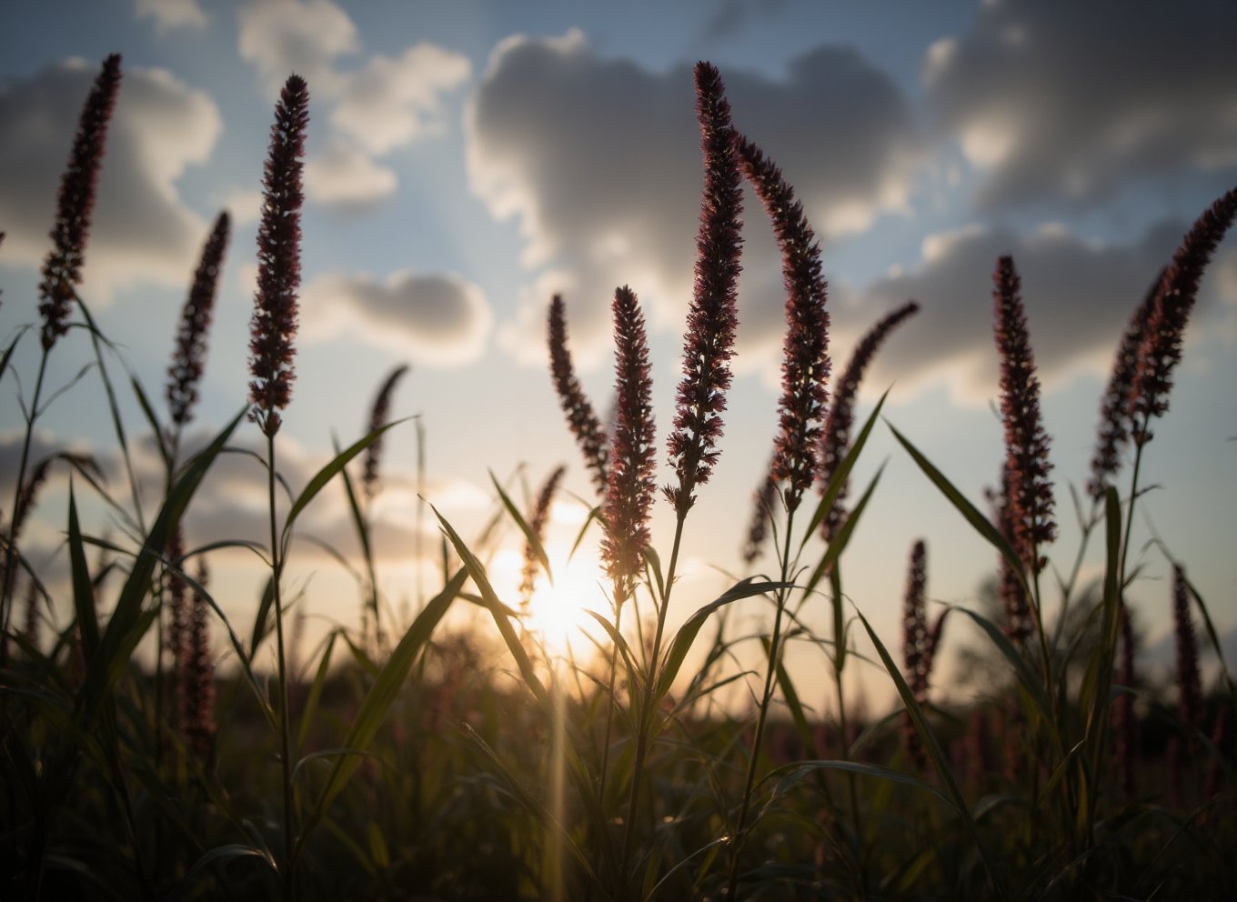 Create a 8k resolution in realistic-style. The image depicts a close-up view of several plants with elongated leaves and tall flower spikes, silhouetted against a sky at what appears to be either sunrise or sunset. The sky is partly cloudy with the sun visible near the horizon, casting a warm glow and creating a backlight effect on the plants. This interplay of light and shadow highlights the natural beauty and intricate details of the plants against the vastness of the sky.Midjourney_Whisper