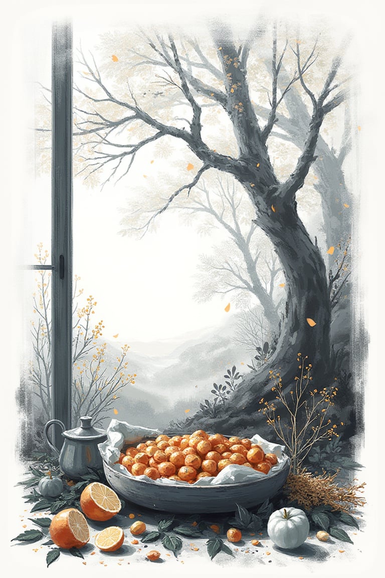 aesthetic,
A fascinating and mysterious digital illustration depicts a strange and surreal sight:
Monochromatic color scheme with strong contrast,biology,nature,plants

simple background, white background, food, tree, no humans, window, fruit, leaf, plant, scenery, food focus, still life

OHWX style, noticeable paper texture. 

lightweight design, intricate details, simple background,
legendofnerd style, BREAK simple background, abstract structure on background,
art_solyanka,art_painting,painting, ((paper texture))