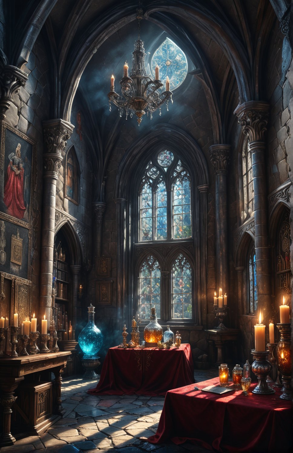 Photorealistic, Award Winning, Ultra Realistic, 8k,  potions. medieval , richly silver embroidered. Medieval atmosphere. old castle room,. Masterpiece, ultra highly detailed, , Alluring, Amazing, Excellent, , Heavenly, Very Refined, ,digital painting,crystalz,Decora_SWstyle,magic background,magiical,dark magic style,scenery