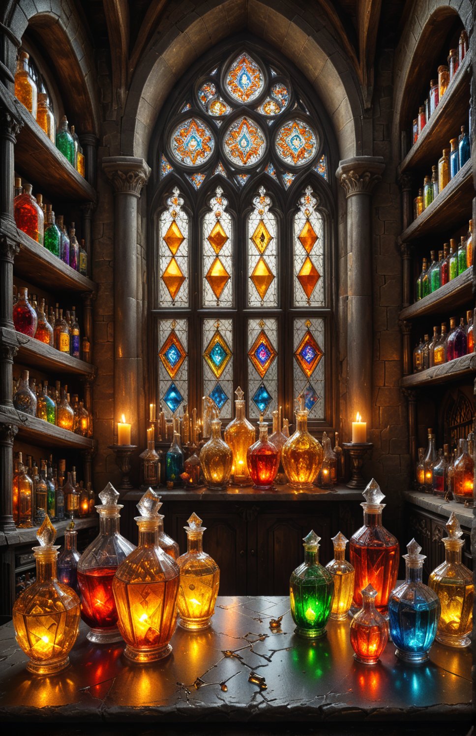 Photorealistic, Award Winning, Ultra Realistic, 8k,  potions. medieval , richly silver embroidered. Medieval atmosphere. On background we see one yellow and orange stained glasses window lighting an old castle room, (many  colored potion ampoules:1.4) on the shelves. Masterpiece, ultra highly detailed, Dynamic Poses, Alluring, Amazing, Excellent, Detailed Face, Beautiful Symmetric Eyes, Heavenly, Very Refined, dark golden light,digital painting,crystalz,Decora_SWstyle