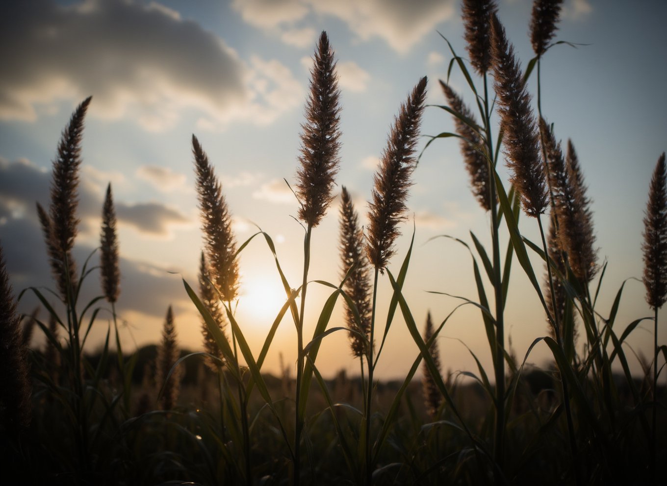 Create a 8k resolution in realistic-style. The image depicts a close-up view of several plants with elongated leaves and tall flower spikes, silhouetted against a sky at what appears to be either sunrise or sunset. The sky is partly cloudy with the sun visible near the horizon, casting a warm glow and creating a backlight effect on the plants. This interplay of light and shadow highlights the natural beauty and intricate details of the plants against the vastness of the sky.Midjourney_Whisper