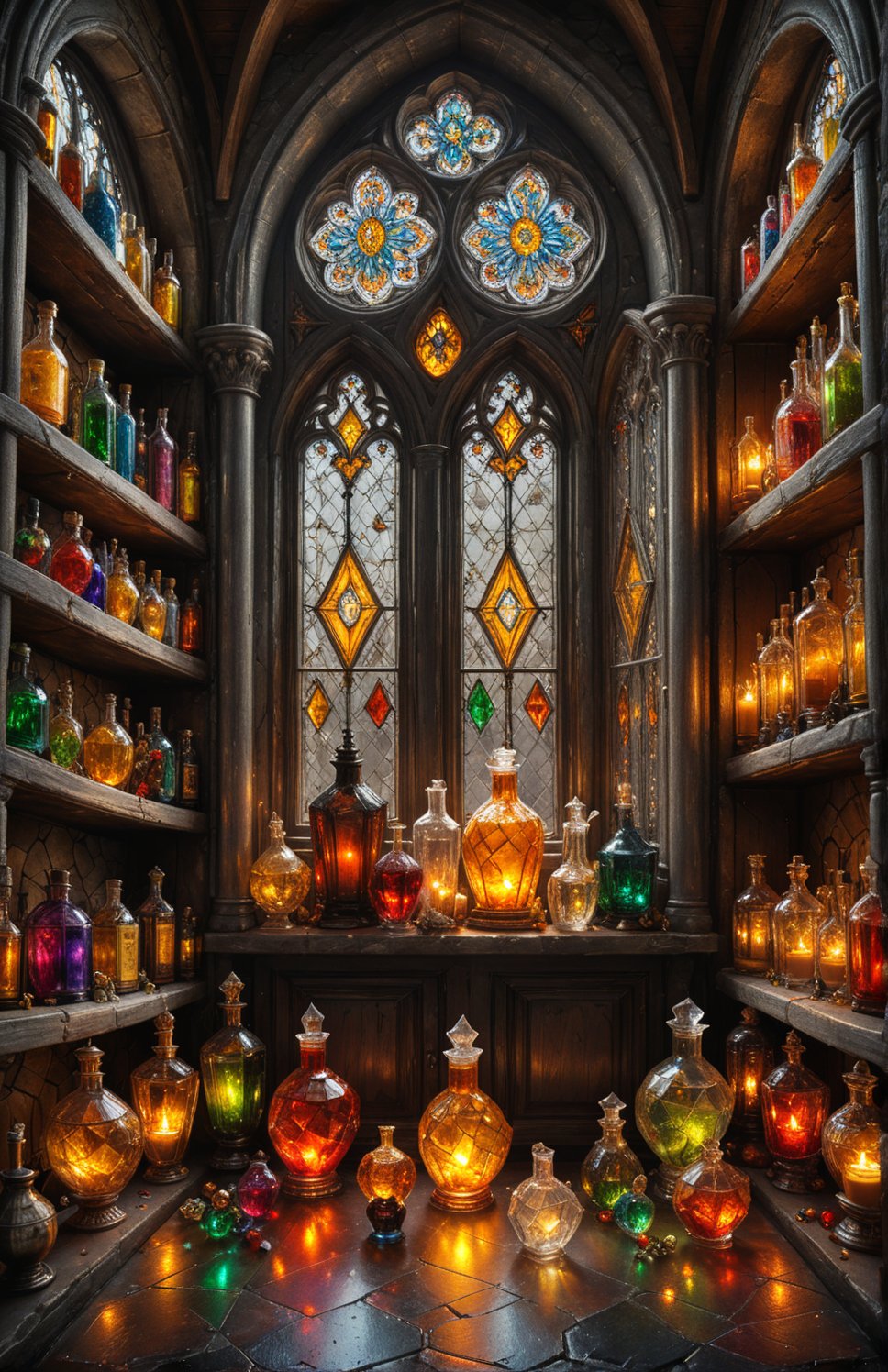 Photorealistic, Award Winning, Ultra Realistic, 8k,  potions. medieval , richly silver embroidered. Medieval atmosphere. On background we see one yellow and orange stained glasses window lighting an old castle room, (many  colored potion ampoules:1.4) on the shelves. Masterpiece, ultra highly detailed, Dynamic Poses, Alluring, Amazing, Excellent, Detailed Face, Beautiful Symmetric Eyes, Heavenly, Very Refined, dark golden light,digital painting,crystalz,Decora_SWstyle