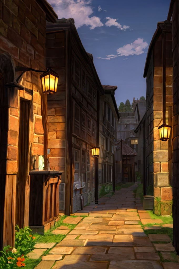 twilight,at night, The first light of day illuminates the stone facades and worn tiles of the houses and buildings, some of which date back centuries. At the center of the scene, a cobblestone square, , flowers and local crafts. The narrow, winding streets are lined with old lanterns, now unlit,  In one corner, an ancient fountain, adorned with weathered carvings, murmurs softly, adding to the tranquil atmosphere. In the background, the towers of an ancient cathedral rise, capturing the first rays of sunlight that paint the sky in soft pinks and oranges. This image should convey a sense of tranquility, beauty and a deep connection to the past,  ancient village or town,Studio