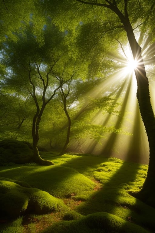 bush, day, fantasy, flower, forest, grass, green theme, leaf, light rays, moss, nature, no humans, outdoors, scenery, sunbeam, sunlight, tree