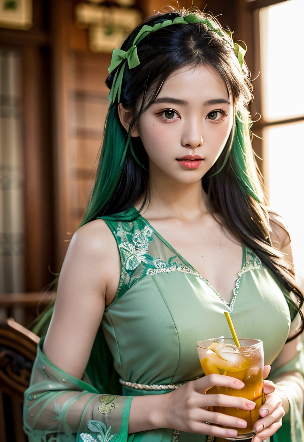 a Javanese girl, naturally beautiful face, perfectly detailed face, (long messy green hair), (wearing a Korean ribbon clip in her hair), brown skin, (wearing a green Balinese kebaya), (drinking iced tea), Image 8K Ultra HD