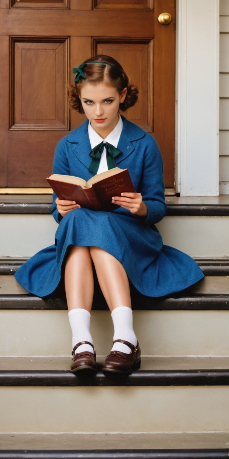 American school girl 50s, sitting on the stairs of the school reading a book, Norman Rockwell style,