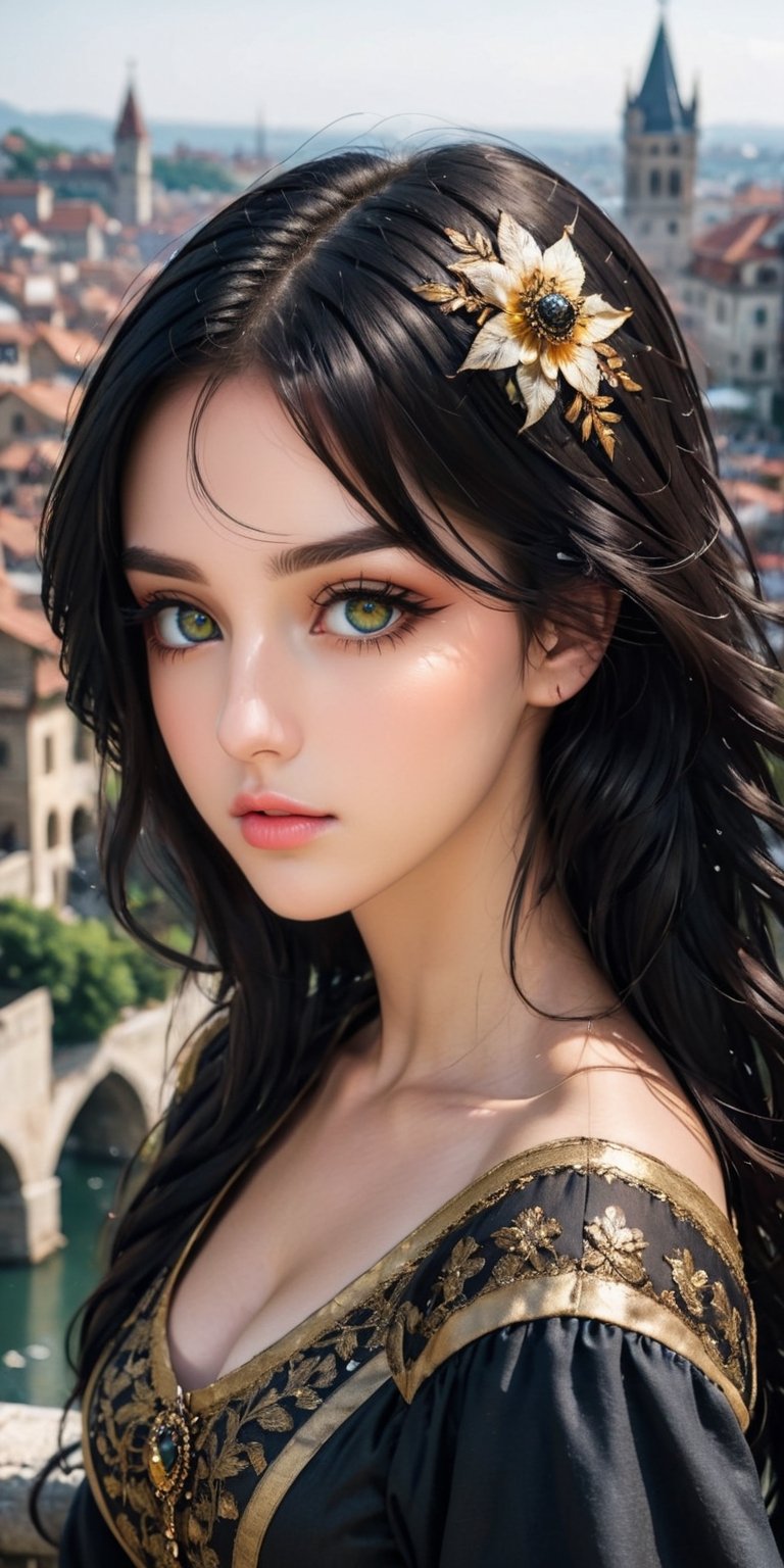 image, photography, pretty princess from the 17th century, jet black hair, big honey-colored eyes, beautiful face, half-body focus, typical city of Renaissance in the background, realistic, detailed, ultra HD, 8k