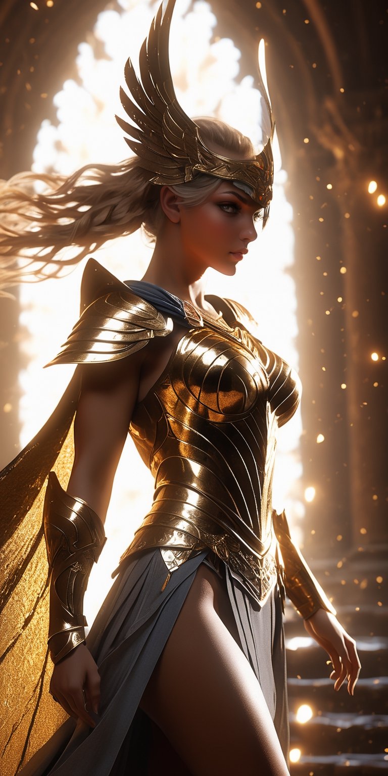 epic composition,  cinematic lighting,  masterpiece,  a valkyrie,  preparing for a fight,  nude, with a intrincate dark armor with elaborated golden ornaments,  dynamic action pose, semi side shot,  war background,  full body portrait,  dim volumetric lighting,  8k octane beautifully detailed render,  extremely hyper-detailed,  intricate,  stunning Detailed matte painting,  deep color,  fantastical,  intricate detail,  complementary colors,  fantasy concept art,  8k resolution,  Volumetric light,  rays, action shot,