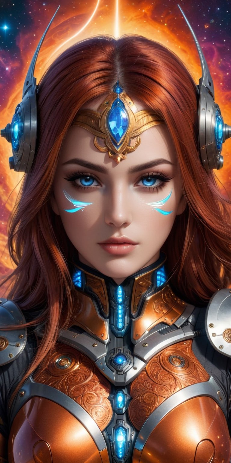 The face of a pretty girl in a cyborg, ((full body view,)) wearing a detailed sci-fi armor, with expressive eyes and a clever and quirky fractal sprindles. The background is a surreal dreamscape of Mars, with a gibberflame made of organic pattern. The colors are dark, yet vibrant and the image quality is professional and of the highest quality. The style is abstract 3D fractal, art surrealism, with a military armor theme. The composition is balanced, with an interesting perspective and good lighting.