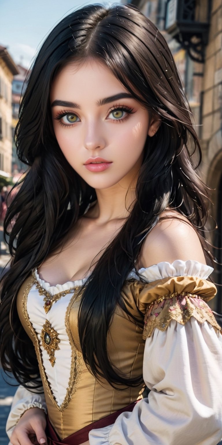 full body image, photography, pretty princess from the 17th century, jet black hair, big honey-colored eyes, beautiful face, half-body focus, typical city of Renaissance in the background, realistic, detailed, ultra HD, 8k