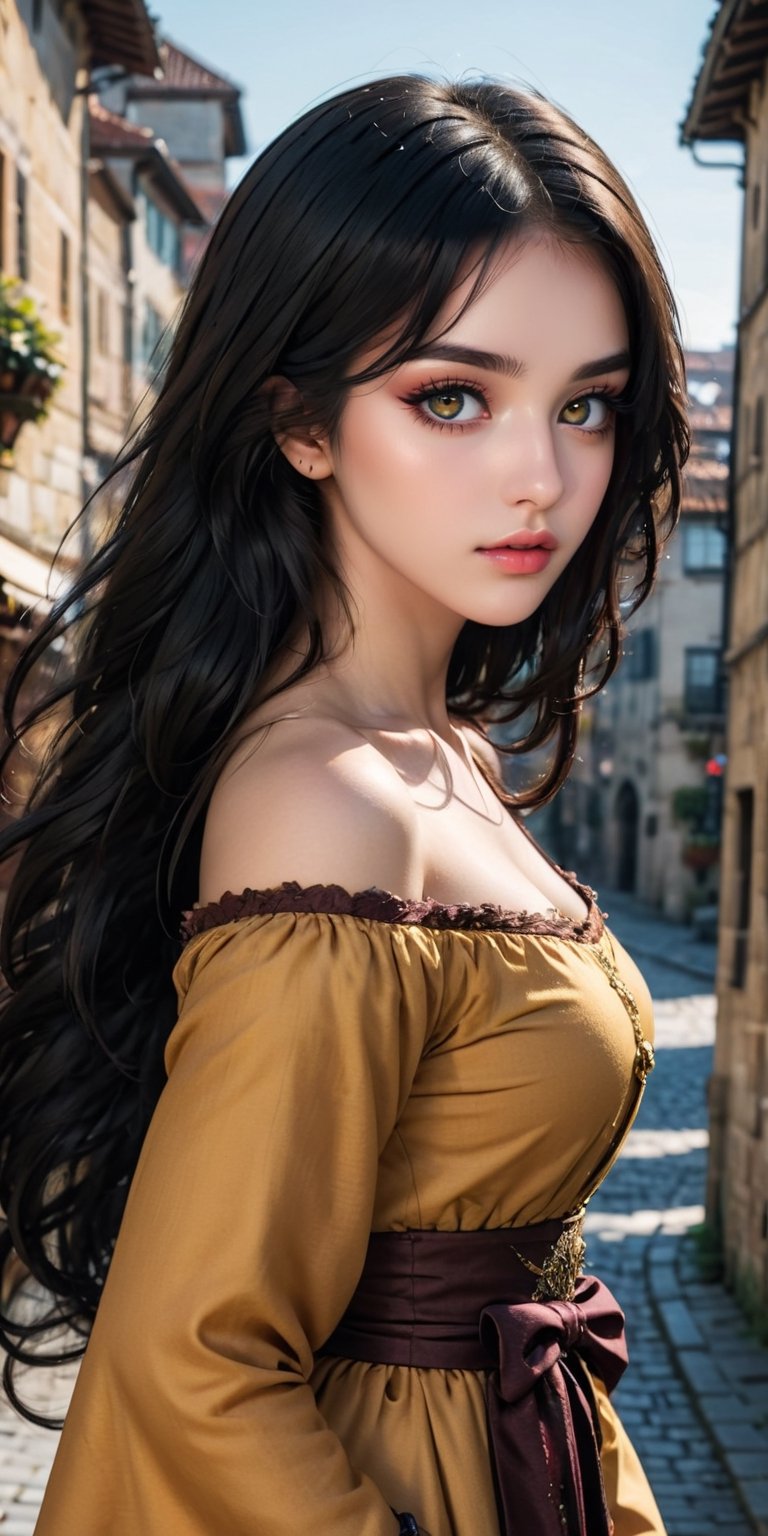 full body image, photography, pretty princess from the 17th century, jet black hair, big honey-colored eyes, beautiful face, half-body focus, typical city of Renaissance in the background, realistic, detailed, ultra HD, 8k