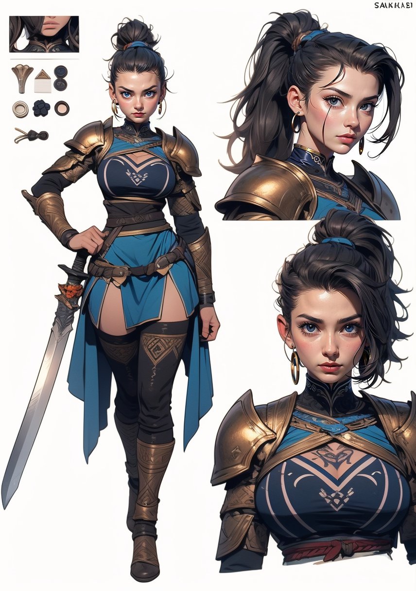 The concept character sheet of a strong, attractive, and hot warrior lady, with short black hair, blue eyes, wearing medieval armor, wears a sword at her left hip, Her face is oval,  forehead is smooth and visibly rounded at the temples. jawline is softly defined,  giving her a gentle, athletic and feminine appearance, full body,  Full of details, frontal body view, back body view, her name printed to one side, her name is Saskia,Highly detailed, Depth, Many parts,((Masterpiece, Highest quality)), 8k, Detailed face (ponytail hair) (black hair) (blue eyes), angry expression, Infographic drawing. Multiple sexy poses. tattoos,3d,SAM YANG,incase