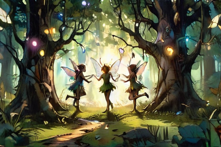 A fantastical forest scene, extreme close up shot, full body shot, show several whimsical fairies dancing, both male and female in the tall grass , the roots of a great old tree are seen nearby, dimly lit, but rays of sunlight brighten up the scene, faerie lights of different colors dance in the air