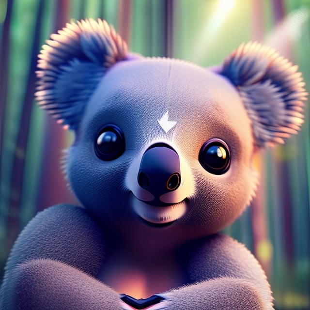 Detailed, High Definition , realistic 
 A purple background with a mist making the forest hard to see. 

A cute koala that takes up most of the image, facing the camera. the koala has two wide purple eyes looking intently with excitement.
