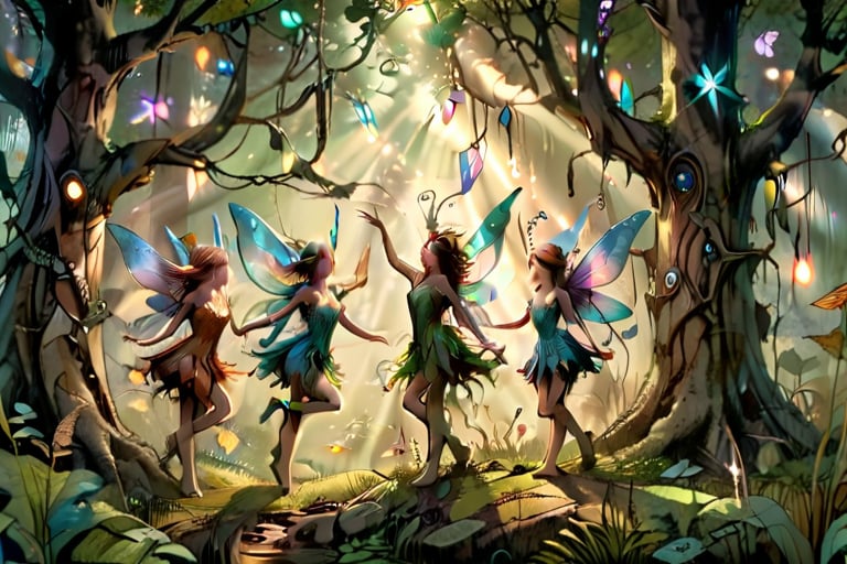 A fantastical forest scene, close up shot, full body shot, show several whimsical fairies dancing, both male and female in the tall grass , the roots of a great old tree are seen nearby, dimly lit, but rays of sunlight brighten up the scene, faerie lights of different colors dance in the air