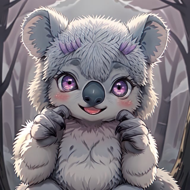 Detailed, High Definition 
 A purple background with a mist making the forest hard to see. 

A cute koala that takes up most of the image, facing the camera. the koala has two wide eyes looking intently with excitement.

