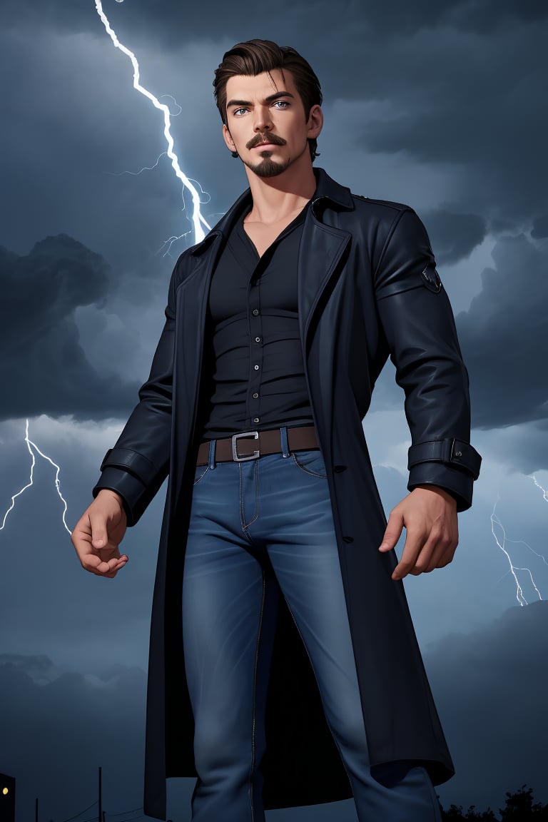 super heroes, mutant, weather control,athletic physique, handsome, rugged,broad jaw,dark brown hair, short hair, blue eyes,feet out of frame, looking at viewer, stylish, mustache and goatee, black trench coat, black shirt with lightning symbol ,dark blue jeans, dark background,night, storm clouds, lightning strikes 

