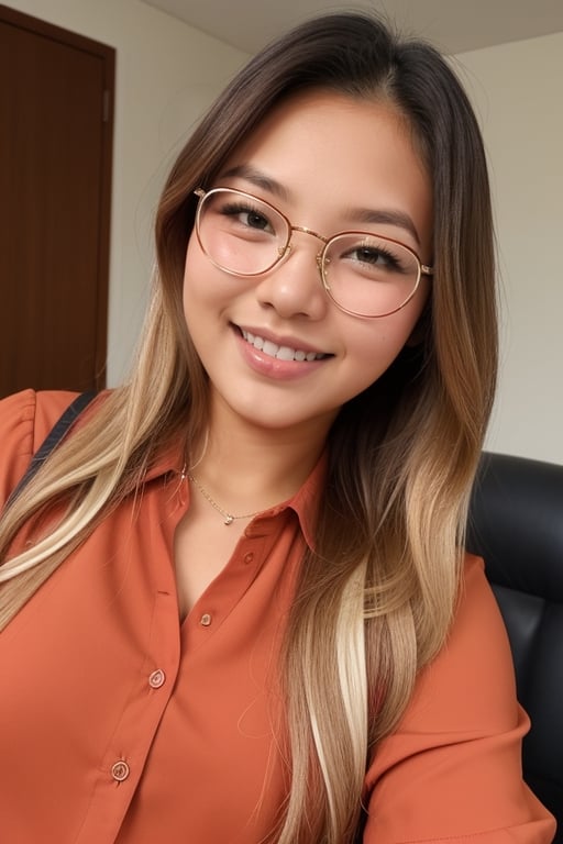 A face of 18 year old beautiful Indonesian girl with long and straight blonde hair. She is smiling. She is wearing a red blouse. Multiple angle. She is wearing glasses.