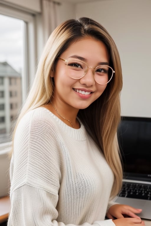 A close up of a 18 year old beautiful Indonesian girl with long and straight blonde hair. She is pointing index fingers up and smiling. She wearing a sweater. She is wearing glasses. Study desk background room.