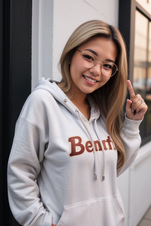 A portrait photo of a 18 year old beautiful Indonesian girl with long and straight blonde hair. She is pointing index fingers up and smiling. She wearing an open hoodie. She is wearing glasses.