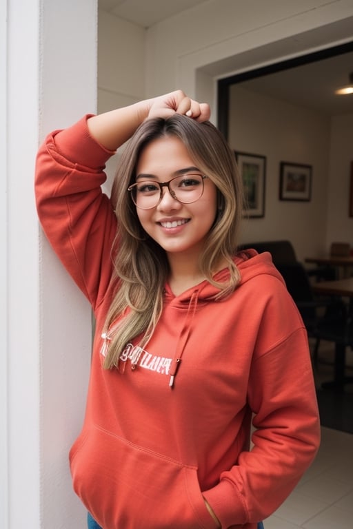 A portrait photo of a 18 year old beautiful Indonesian girl with long and straight blonde hair. She is pointing index fingers up with two hand and smiling. She wearing a red hoodie. She is wearing glasses. 